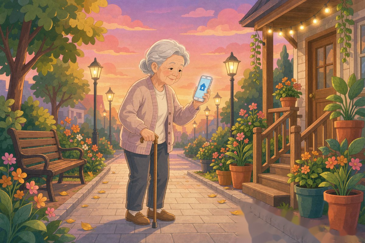 夕阳下家人陪老人散步回家